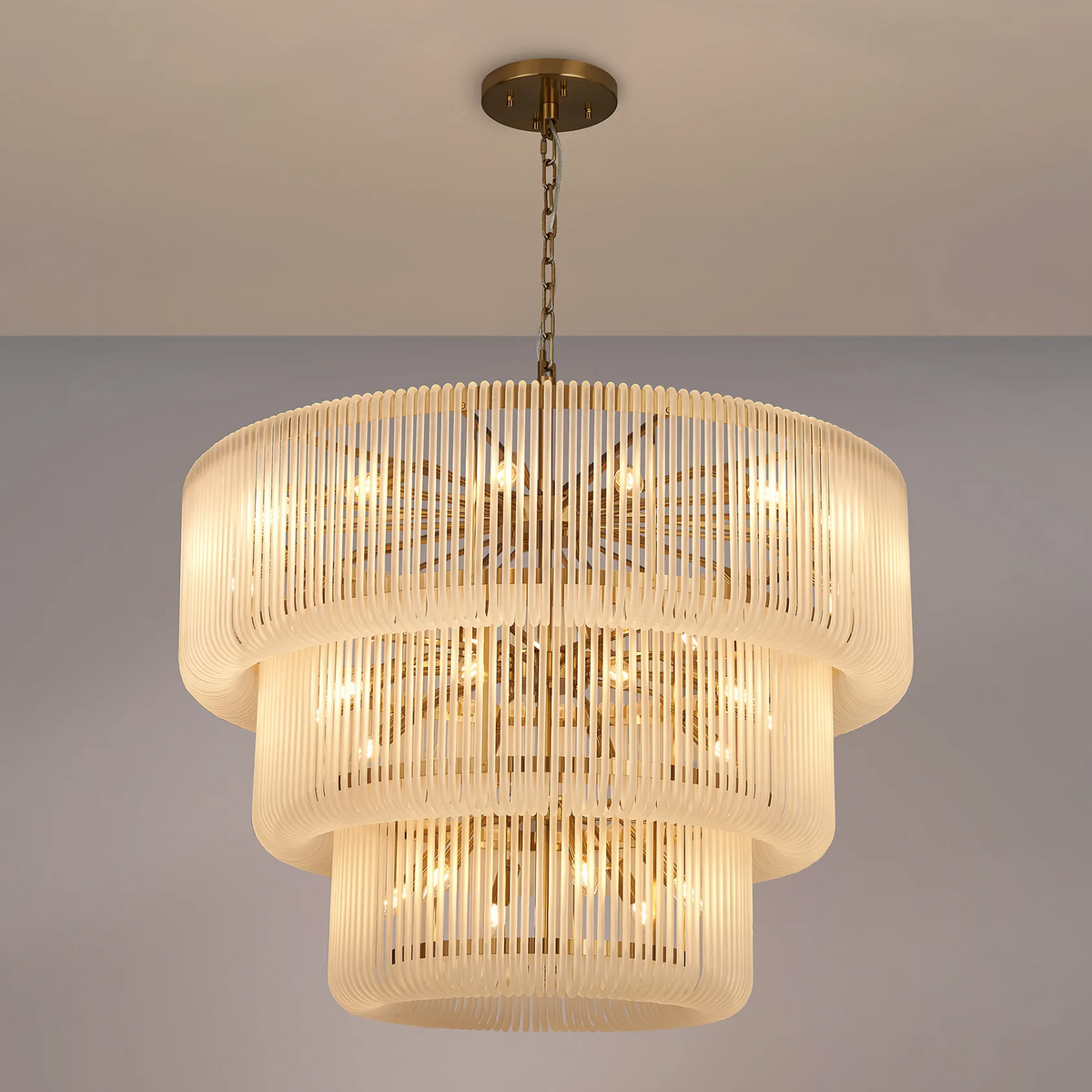 Jevington 1000mm Three Tier Pendant or Semi Flush in Brass with Frosted Glass