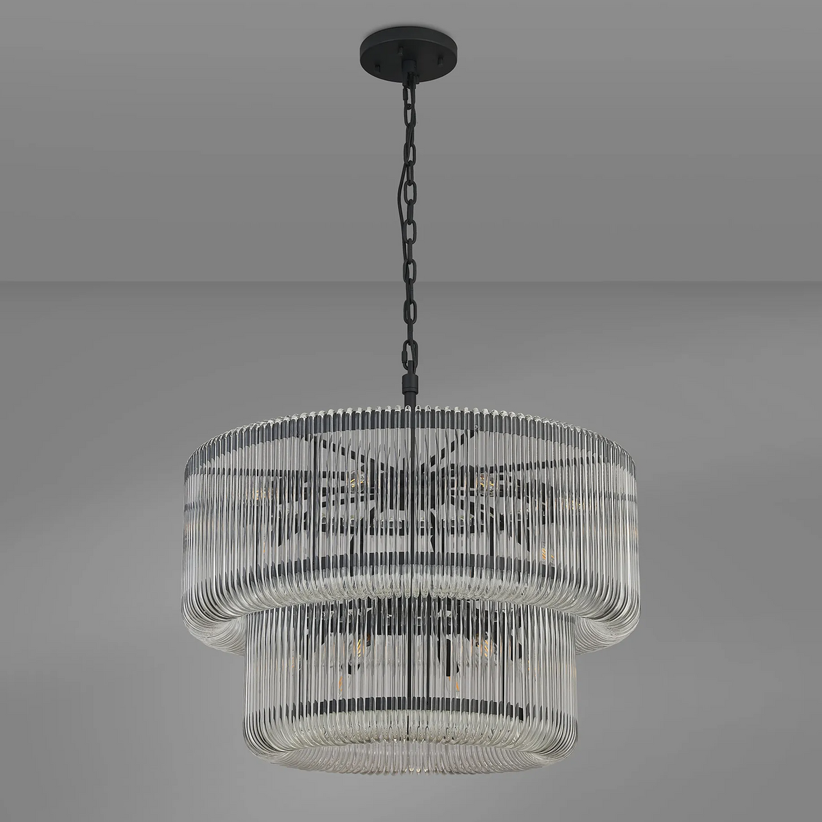 Jevington 780mm Two Tier Pendant or Semi Flush in Black with Smoked Glass
