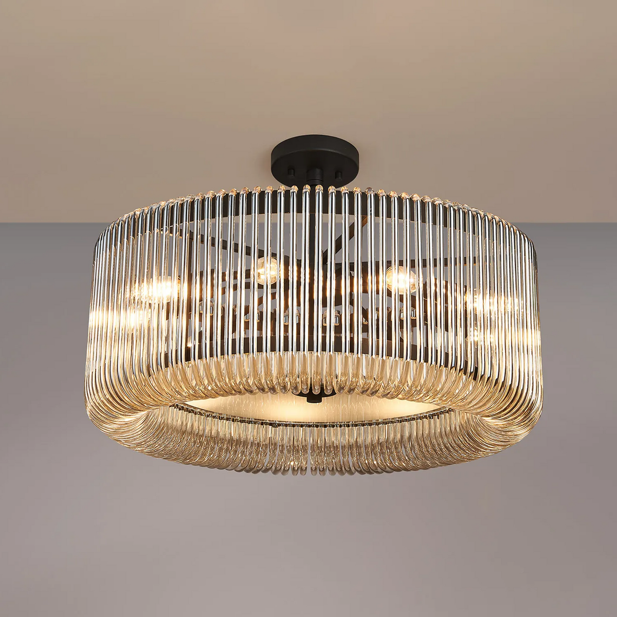 Jevington 600mm Pendant or Semi Flush in Black with Smoke Brown Glass
