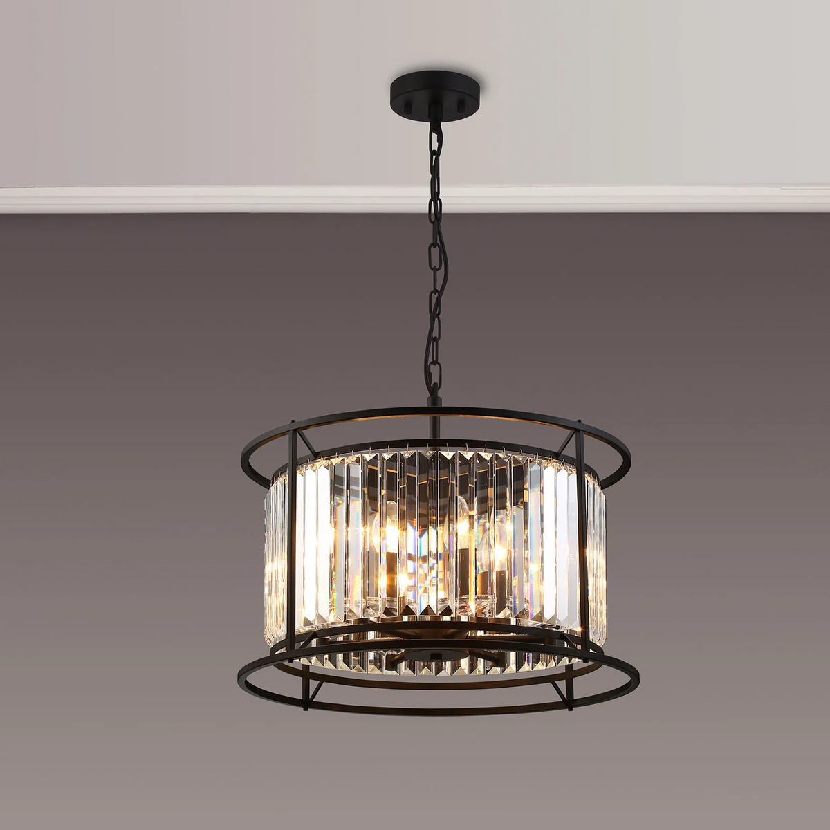 Black metal chandelier with clear crystal panels