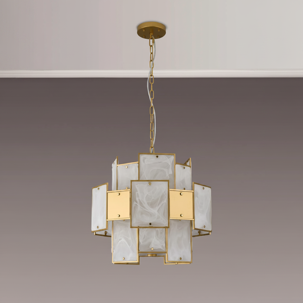 Gold chandelier with rectangular white and gold panels
