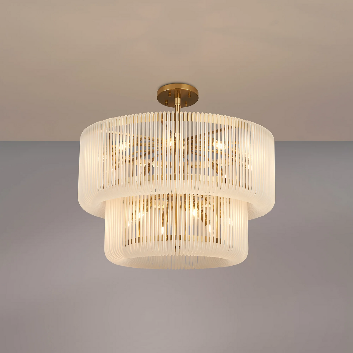 Jevington 780mm Two Tier Pendant or Semi Flush in Brass with Frosted Glass