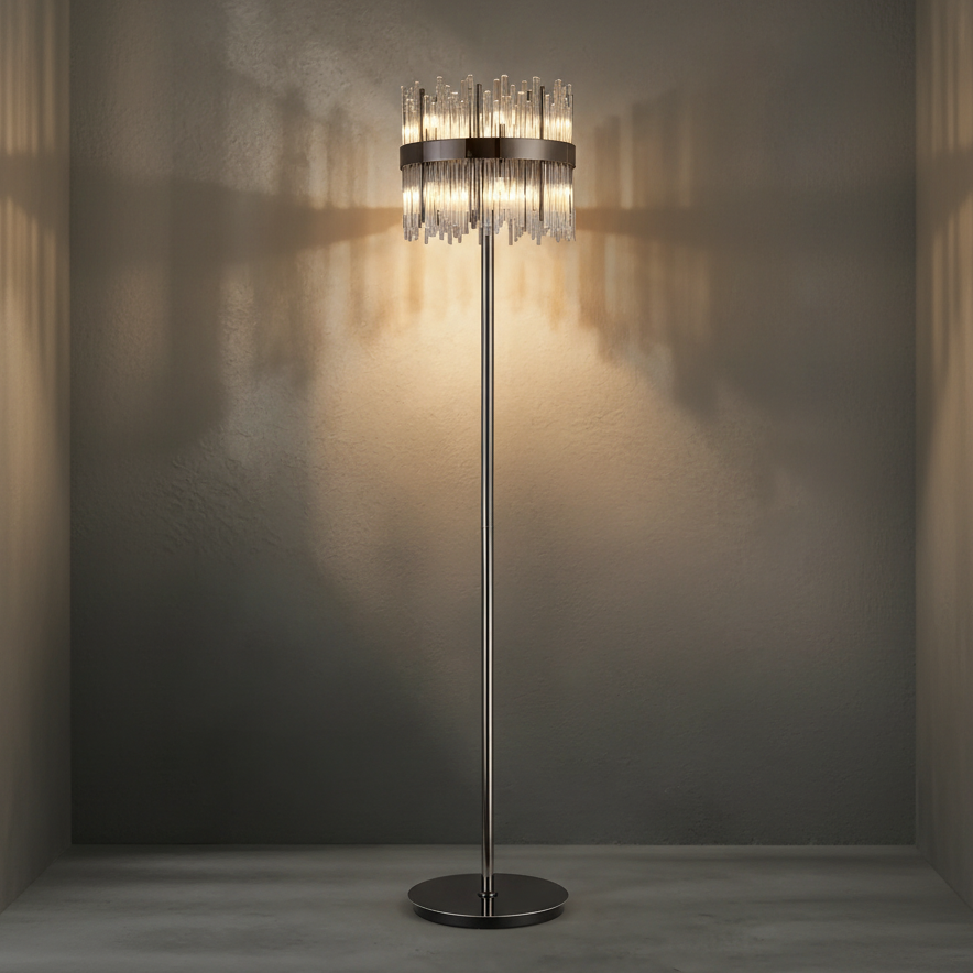 Eckington Floor Lamp in Black Chrome with Clear Glass Rods