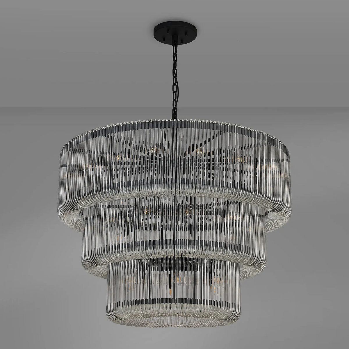 Jevington 1000mm Three Tier Pendant or Semi Flush in Black with Clear Glass