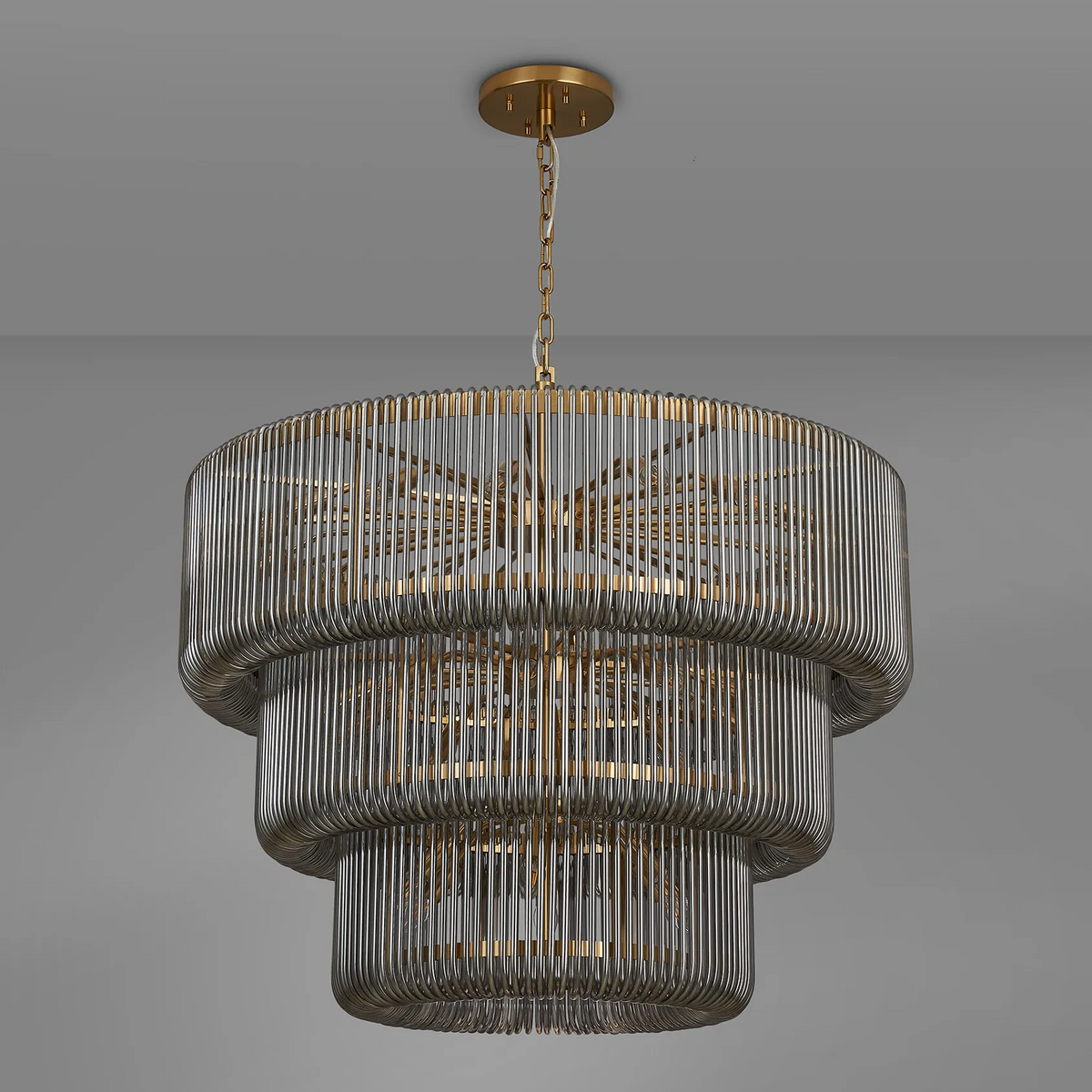 Jevington 1000mm Three Tier Pendant or Semi Flush in Brass with Smoked Glass