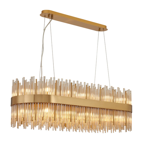 Rectangular chandelier with gold frame and vertical glass rods