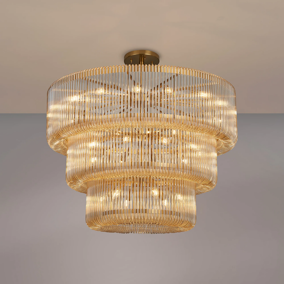 Jevington 1000mm Three Tier Pendant or Semi Flush in Brass with Smoke Brown Glass