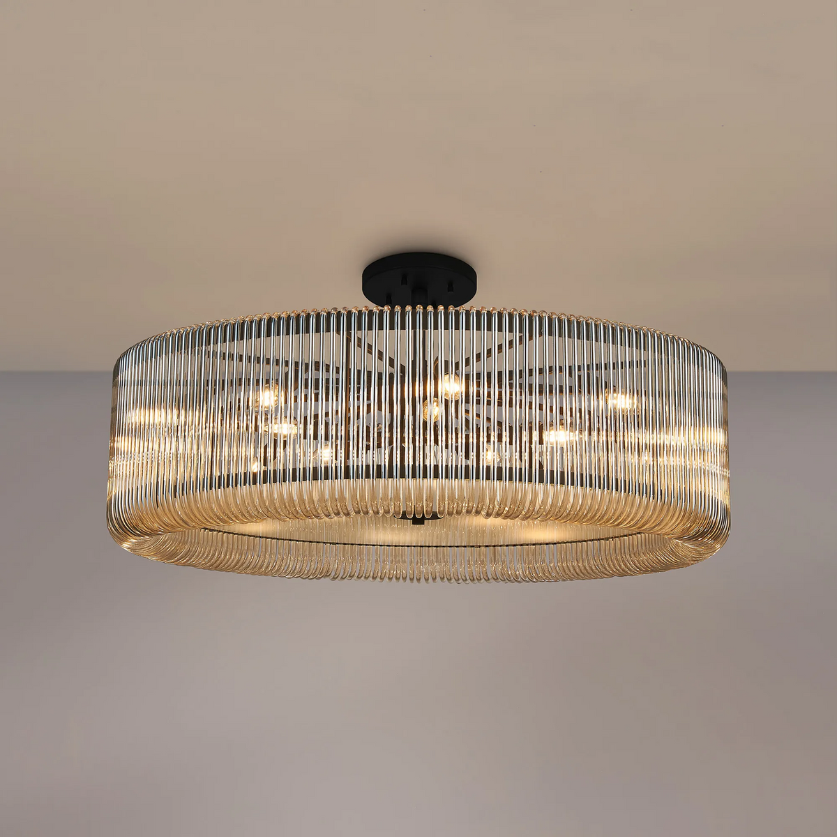Jevington 1000mm Pendant or Semi Flush in Black with Smoke Brown Glass