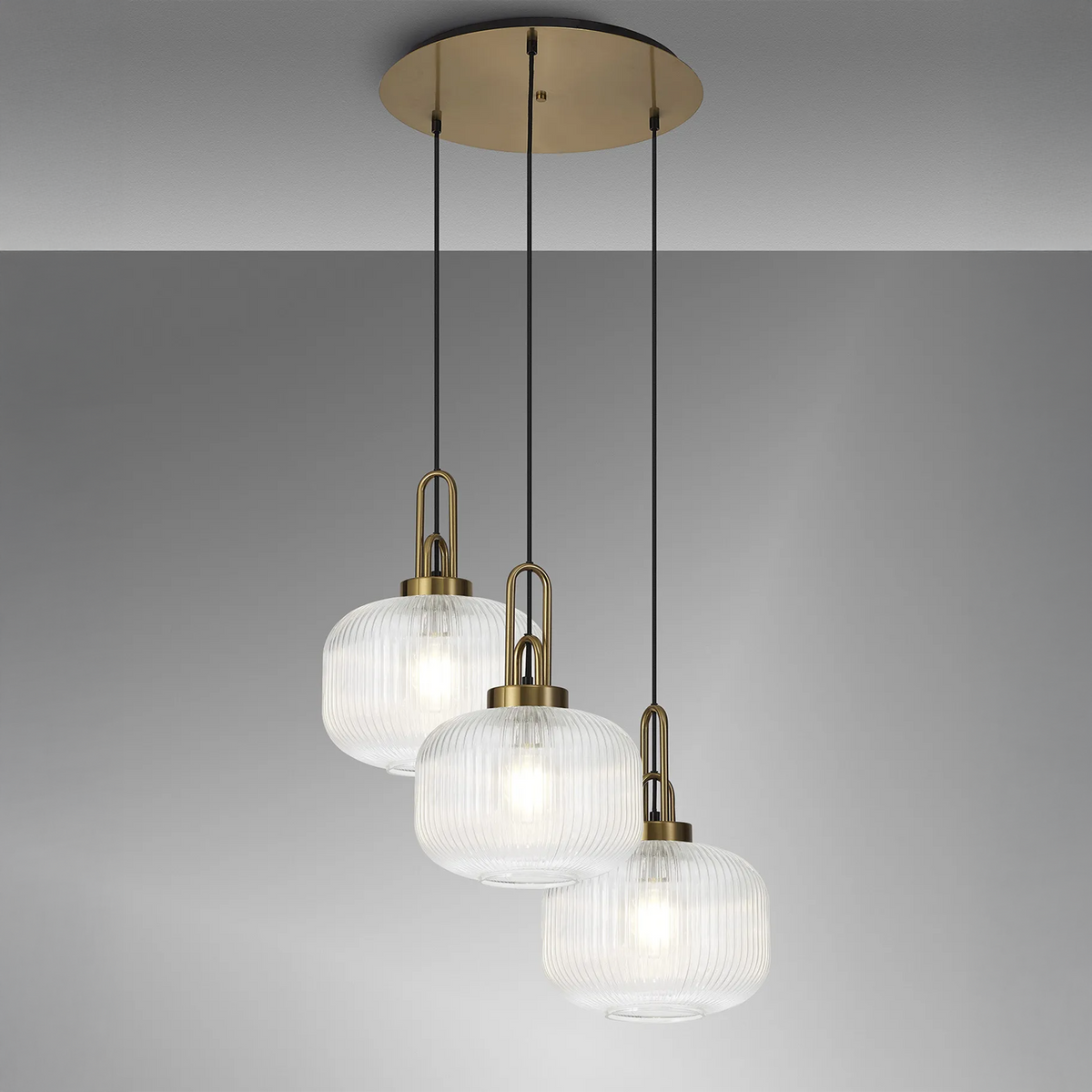 Atherington Pumpkin 3 Drop Pendant in Brass Gold with Ribbed Clear Shade