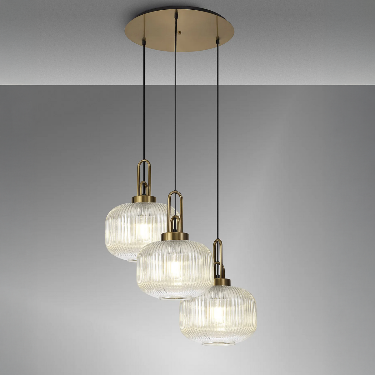 Atherington Pumpkin 3 Drop Pendant in Brass Gold with Ribbed Champagne Shade