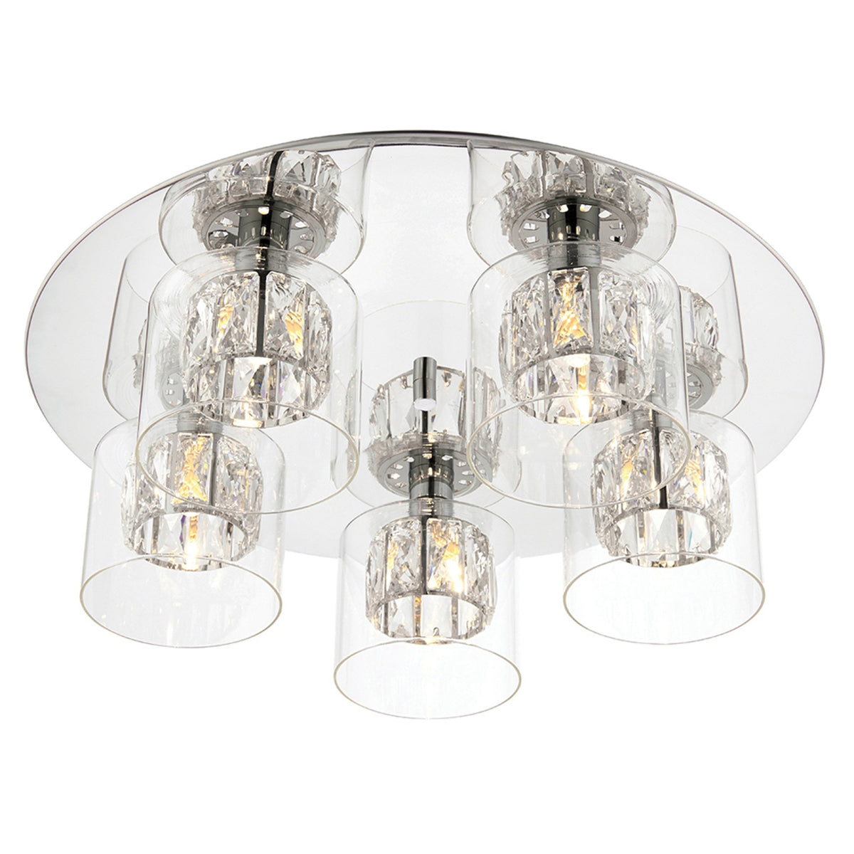 A chrome and crystal ceiling light with five clear glass shades from a slightly different angle.