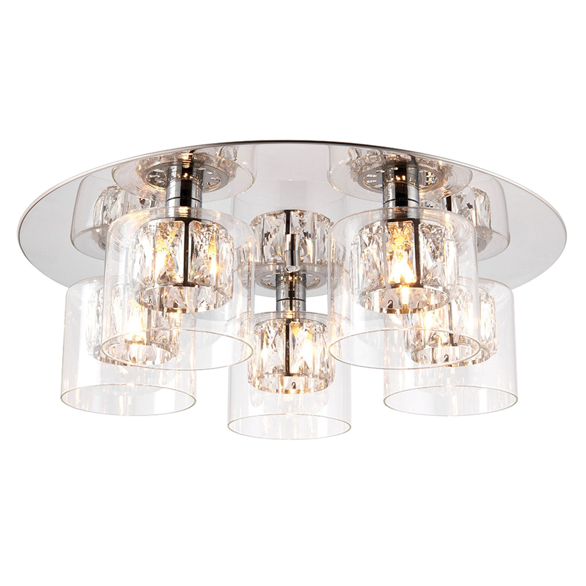 A chrome and crystal ceiling light with five clear glass shades.