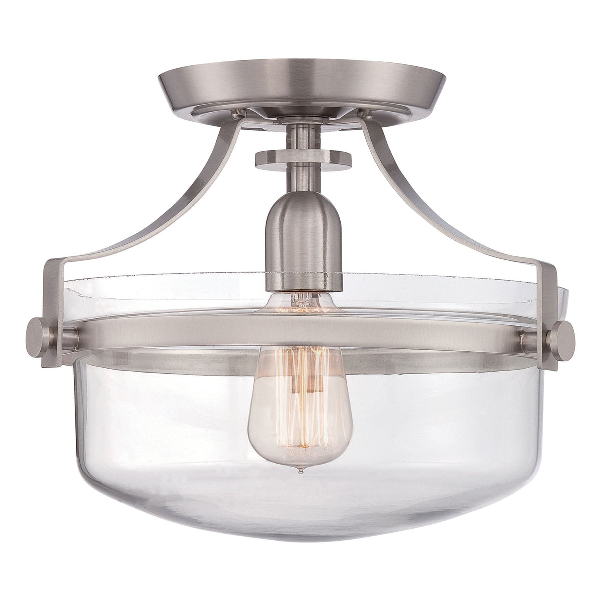 A close-up of a ceiling light fixture with a brushed nickel finish and a clear glass bowl.