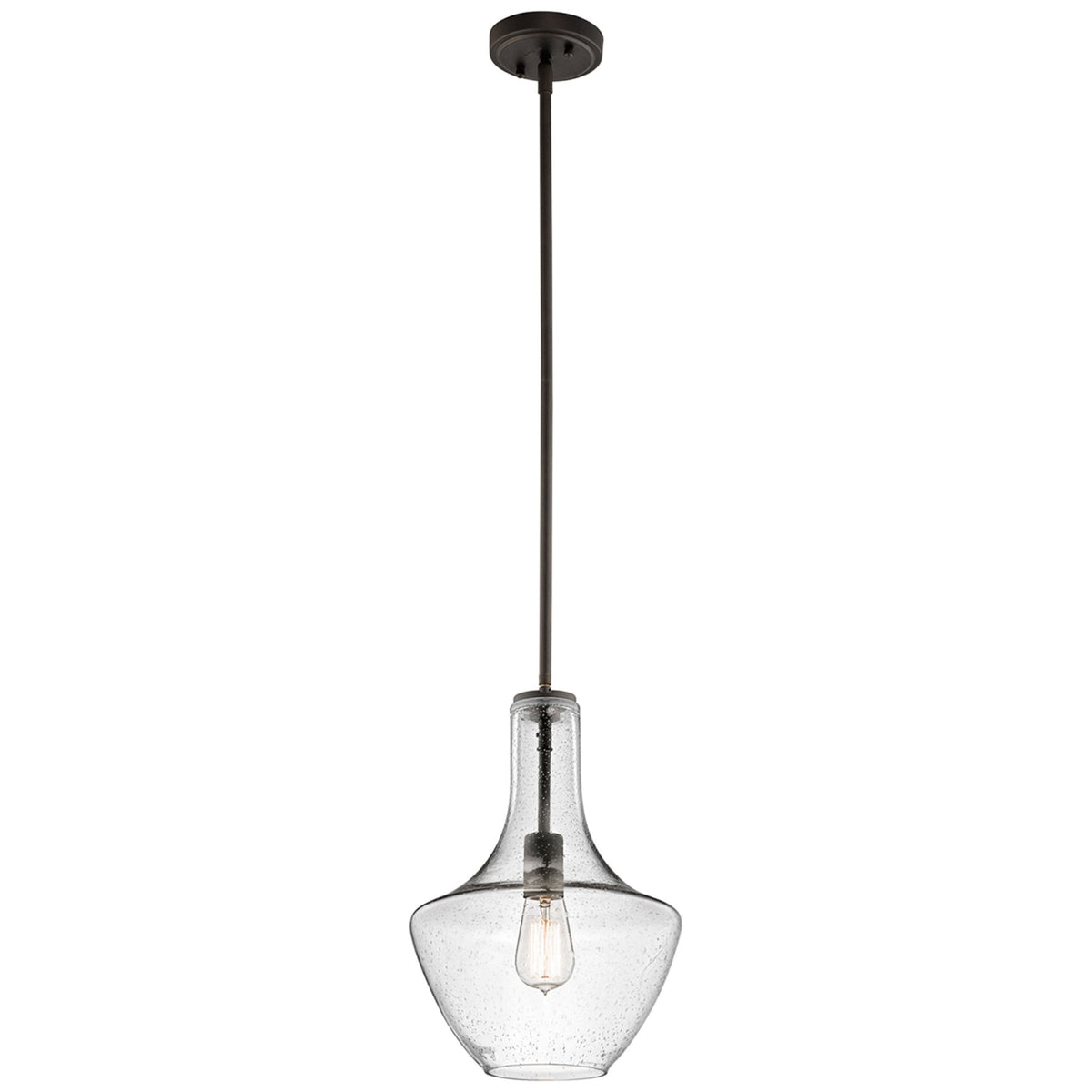 Bronze pendant light with a clear seeded glass bell-shaped shade and exposed bulb.