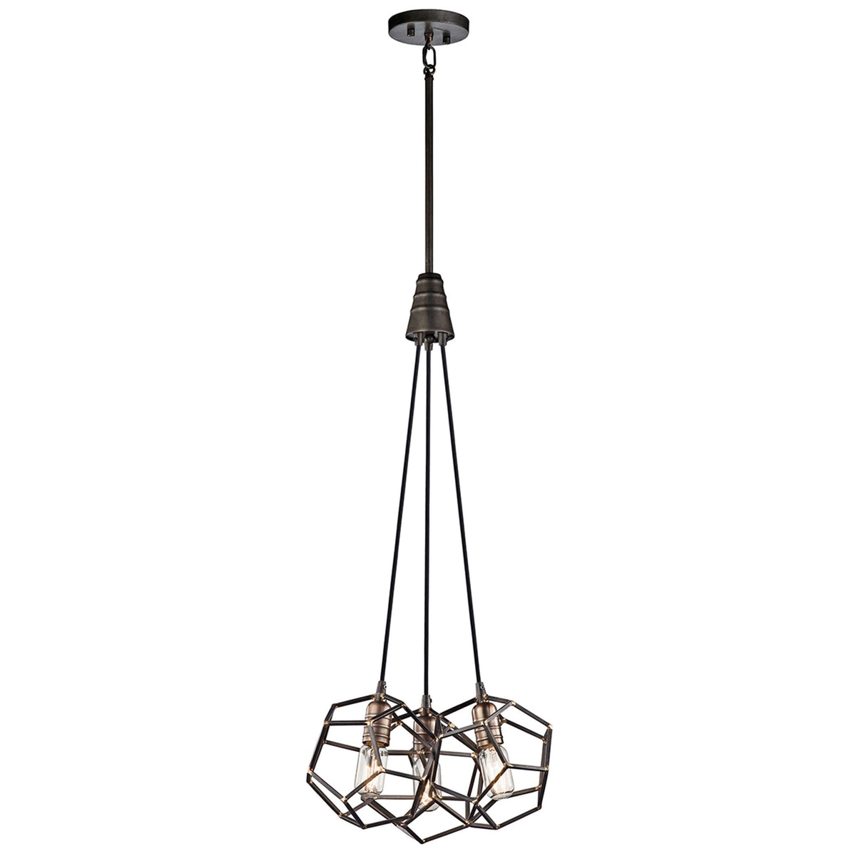 Rocklyn Three Light Chandelier in Raw Steel & Natural Brass Accents