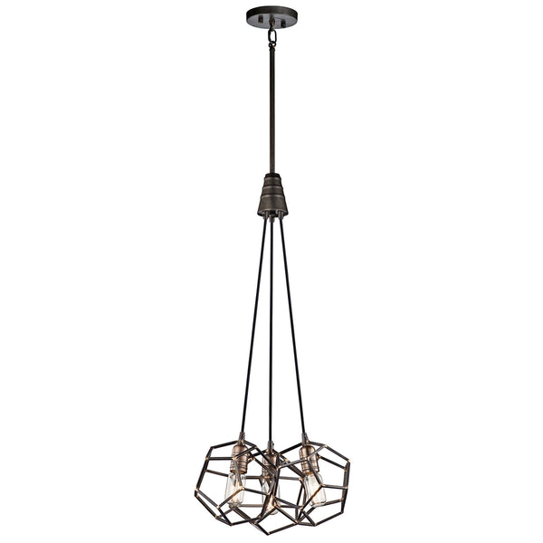 Rocklyn Three Light Chandelier in Raw Steel & Natural Brass Accents