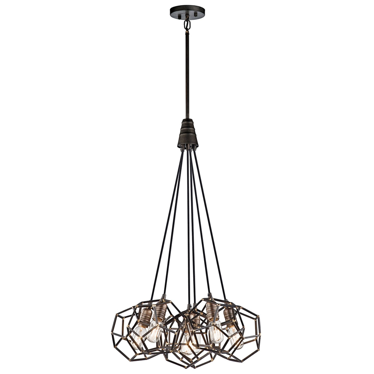 A contemporary five-light cluster pendant with geometric metal cages and exposed bulbs.