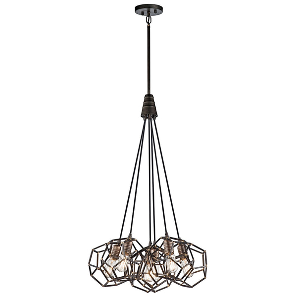 A contemporary five-light cluster pendant with geometric metal cages and exposed bulbs.