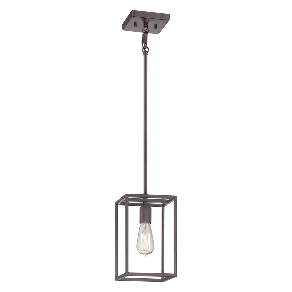 A single pendant light with a rectangular metal cage design.