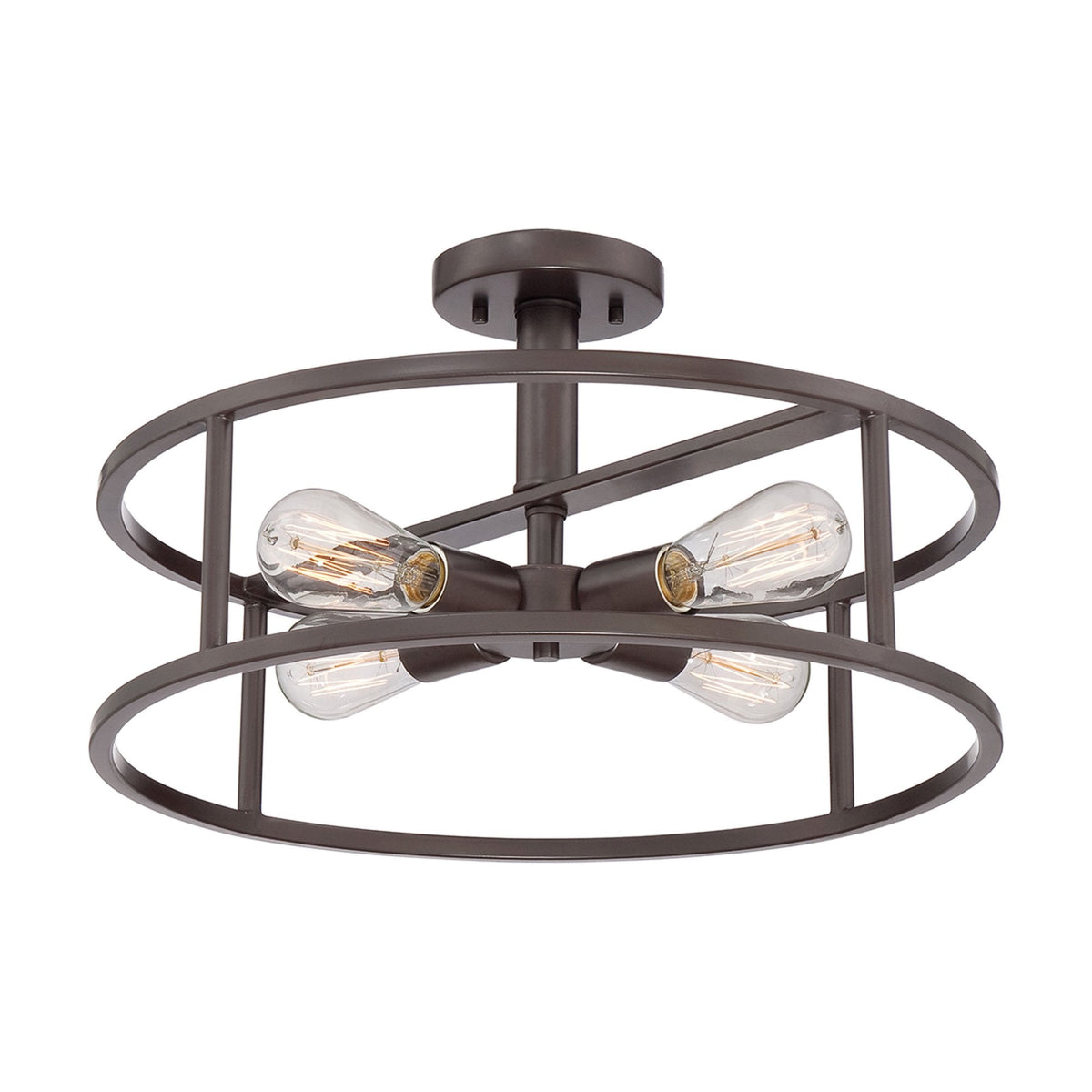Four-light semi-flush convertible light in bronze finish, with industrial style exposed bulbs.