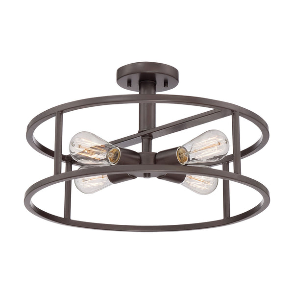 Four-light semi-flush convertible light in bronze finish, with industrial style exposed bulbs.