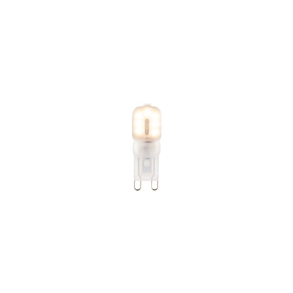 A small light-brown bulb with a clear base and two prongs, set against a white background.
