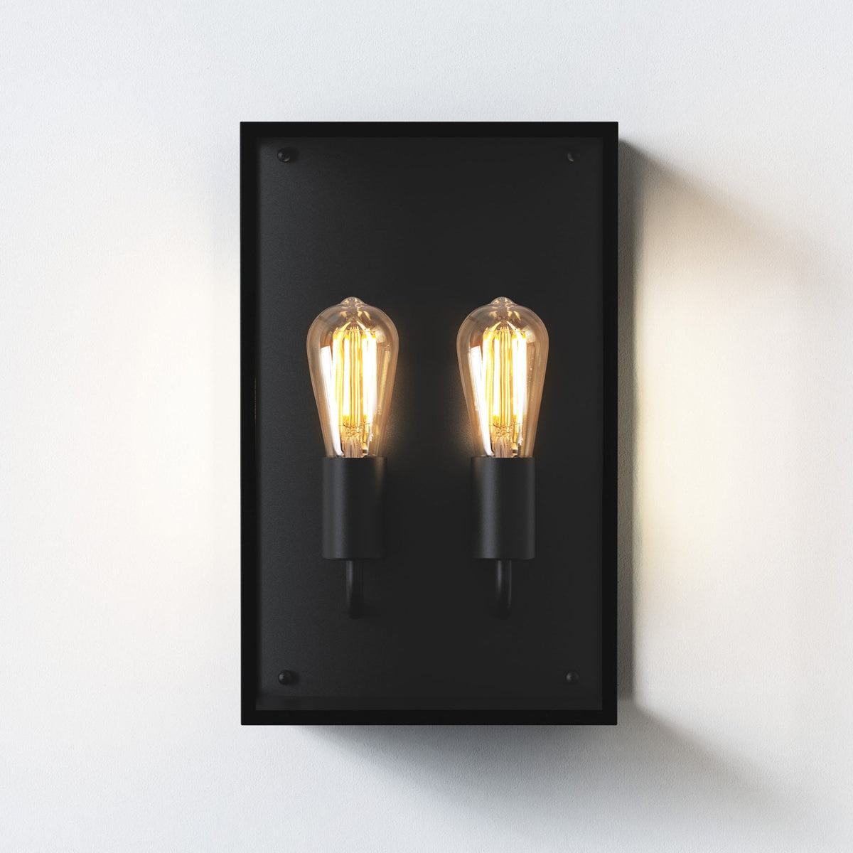 Two Edison bulbs in black sconce on white wall