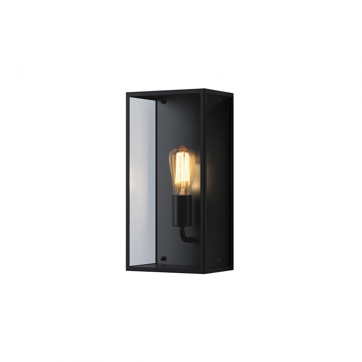 Black rectangular outdoor wall light with an exposed Edison bulb