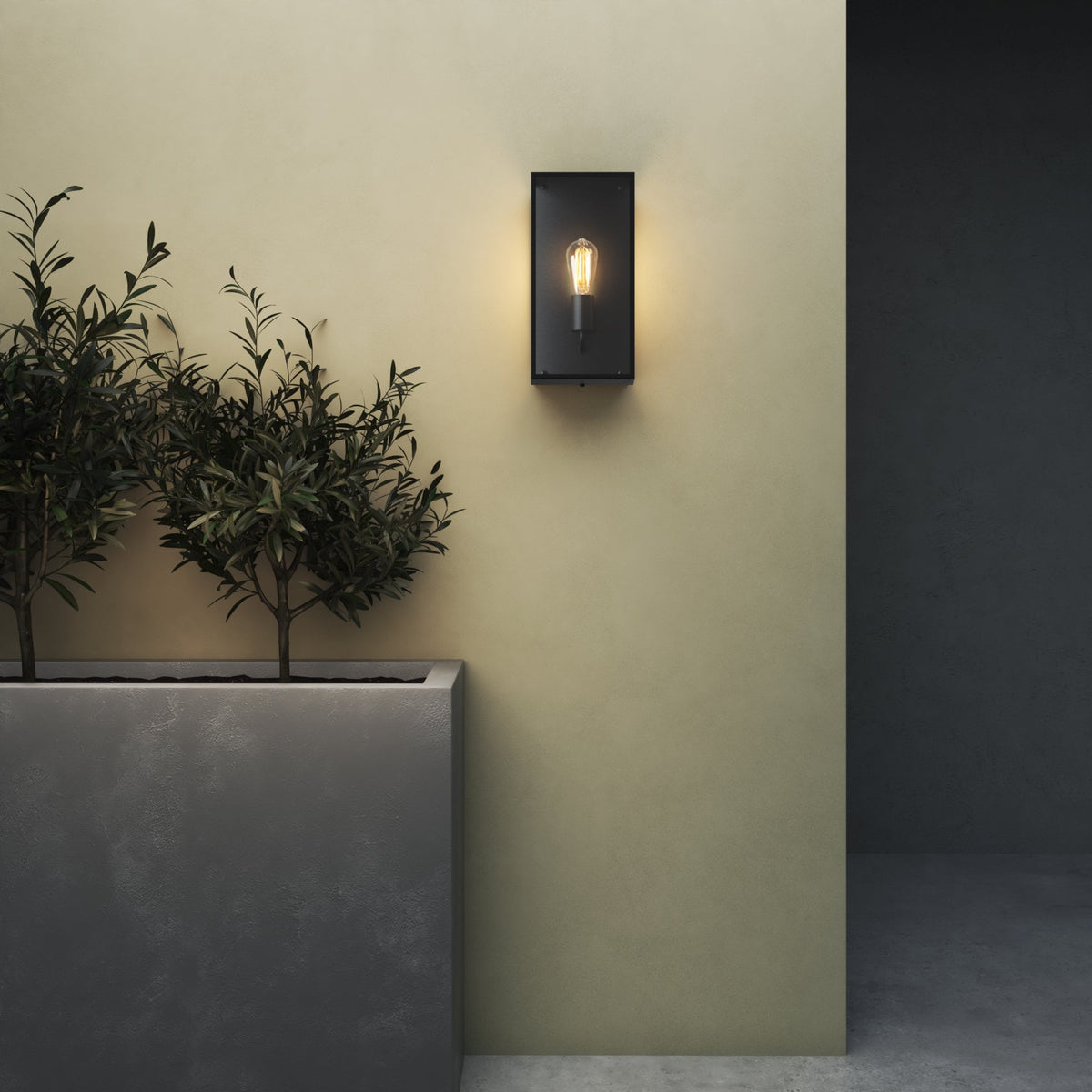 Black rectangular outdoor wall light with an exposed Edison bulb, mounted on a cream wall next to a planter