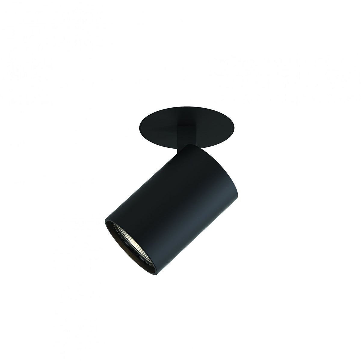 Black cylindrical ceiling spotlight with a round base