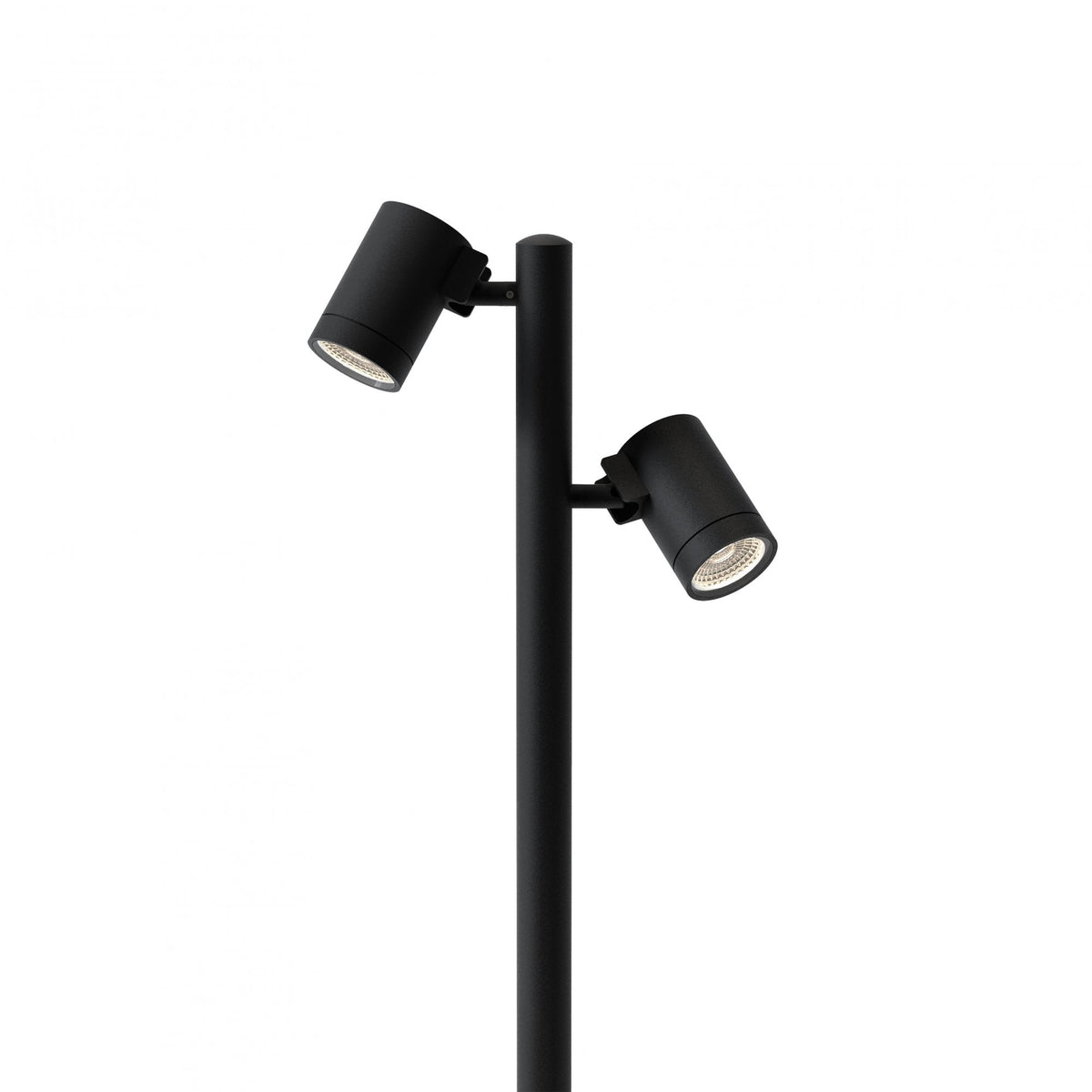 Black outdoor light fixture with two adjustable spotlights on a pole