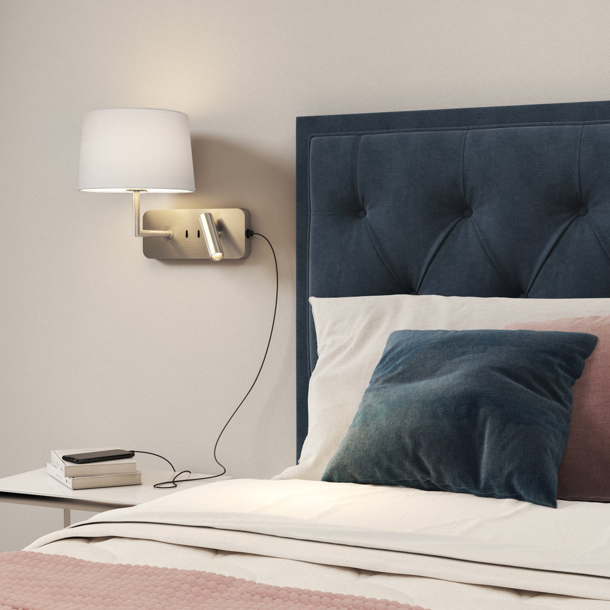 Side by Side Grande Bedside Wall & Reading Light with USB in Matt Nickel
