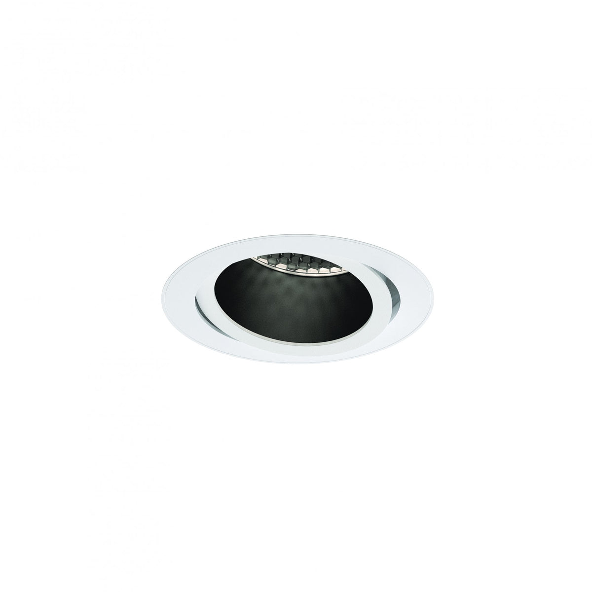 White recessed downlight with a black interior and a hexagonal patterned reflector