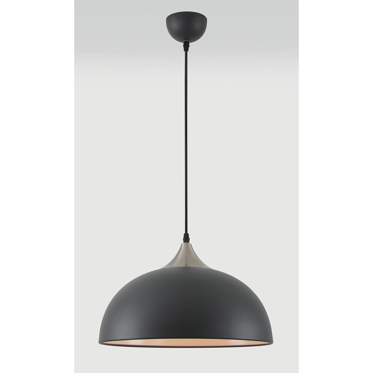 A modern black dome-shaped pendant light with a silver accent above, on a grey background.