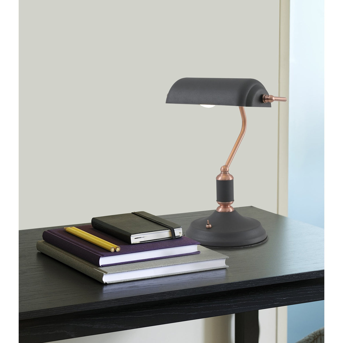 Modbury Bankers Table Lamp Toggle Switched in Textured Grey & Copper