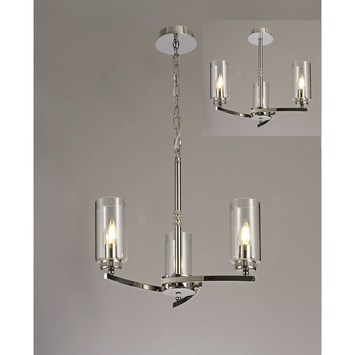 Dunstone 3 Arm Pendant or Semi Flush in Polished Nickel