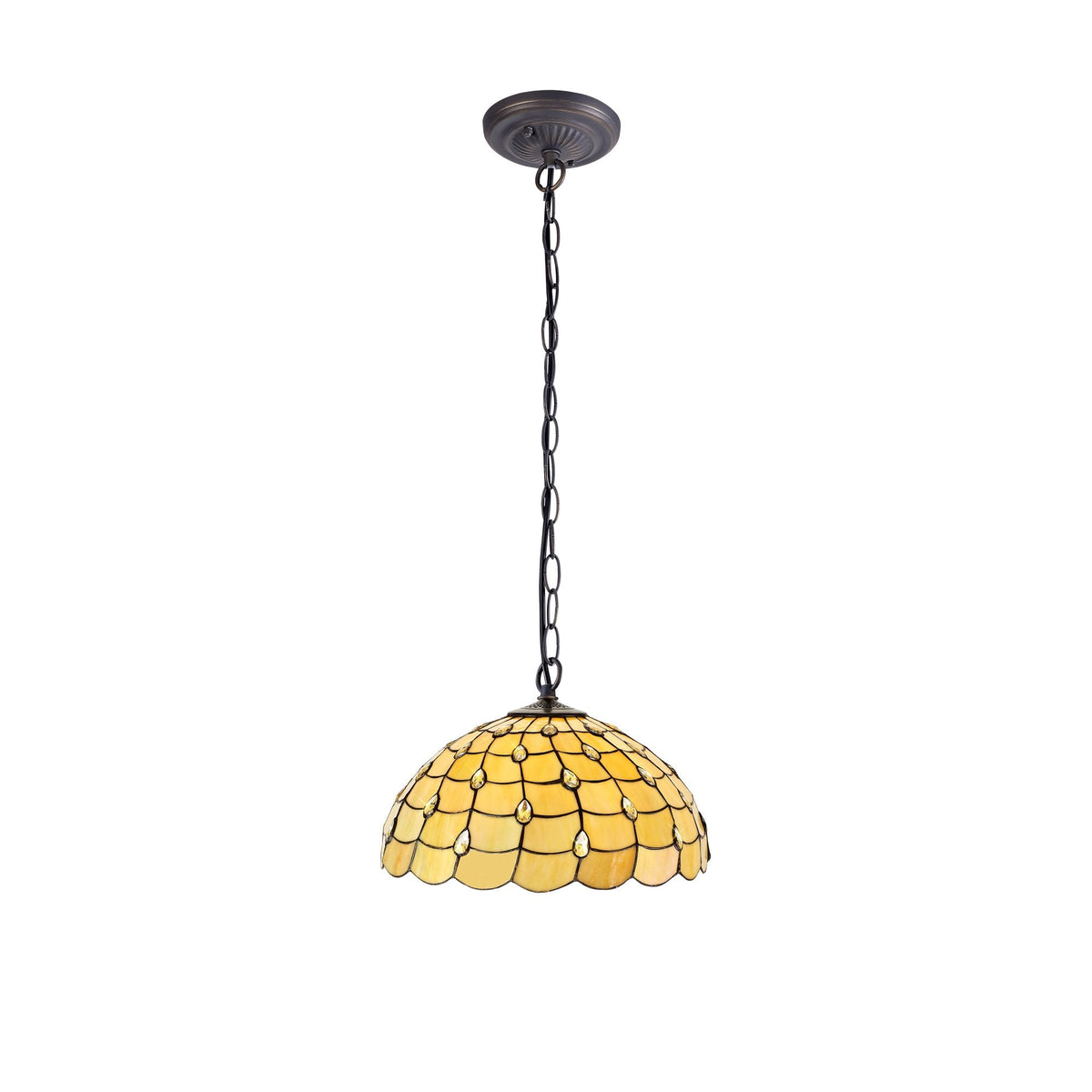 A yellow pendant light with a stained glass shade hangs from a chain.