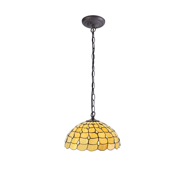 Beaworthy 1 Light Downlighter Pendant In Aged Antique Brass With 50cm Tiffany Beige and Clear Crystal Shade