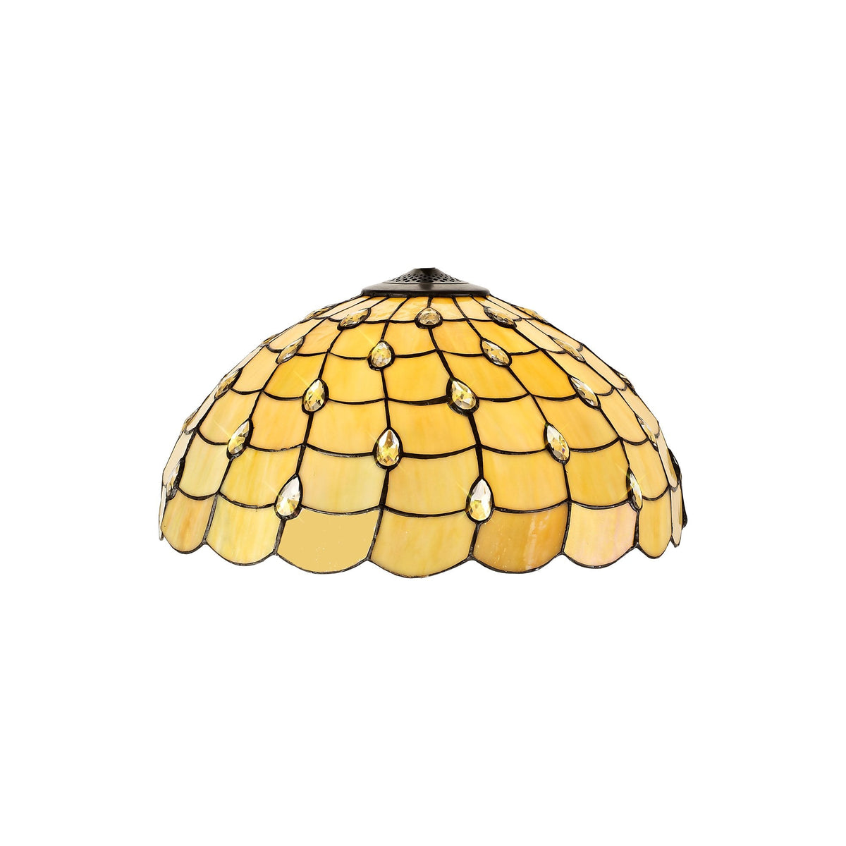 A close-up of the yellow stained glass shade of a pendant light with small clear crystals.