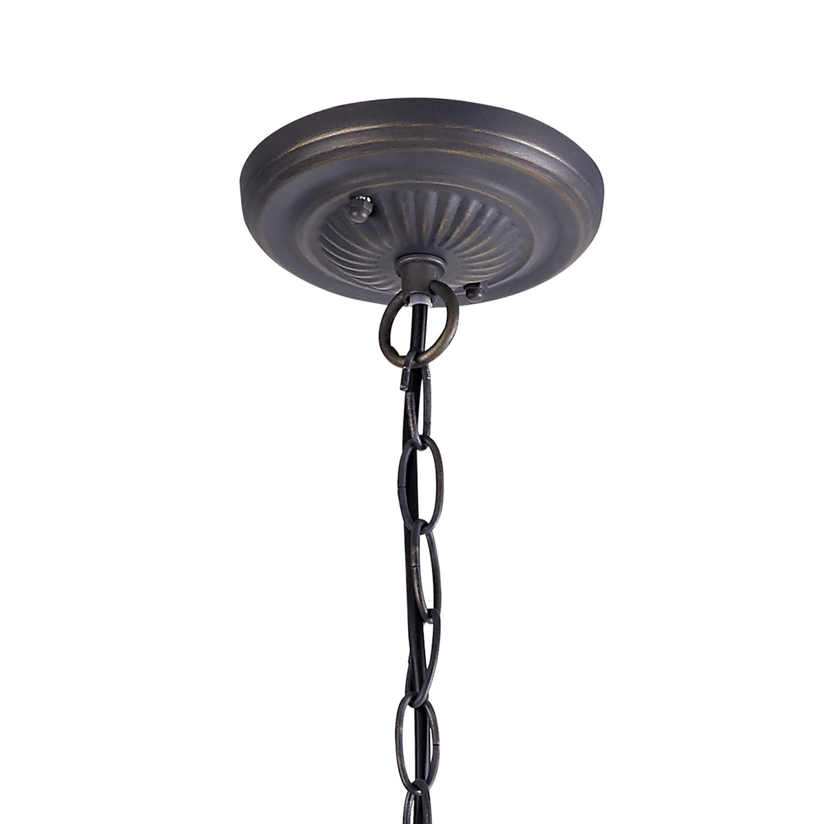 A close-up of the ceiling mount and chain of a pendant light fixture.