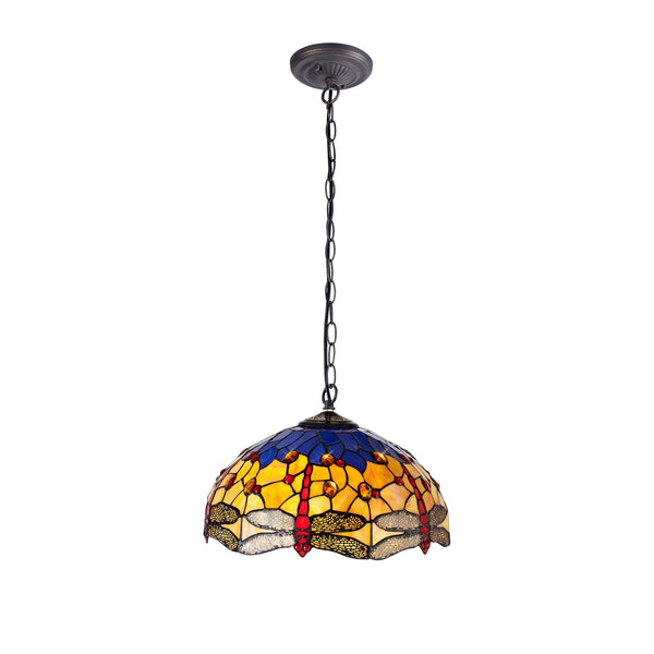 Loddiswell 1 Light Downlighter Pendant in Aged Antique Brass With 40cm Tiffany Blue Orange and Crystal Shade