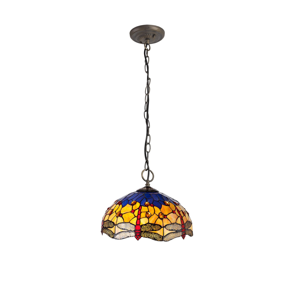 Loddiswell 3 Light Downlighter Pendant in Aged Antique Brass With 40cm Tiffany Blue Orange and Crystal Shade