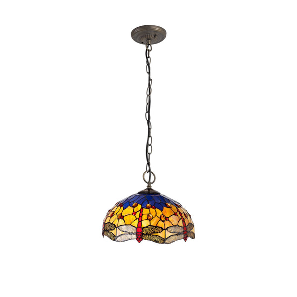 Loddiswell 3 Light Downlighter Pendant in Aged Antique Brass With 40cm Tiffany Blue Orange and Crystal Shade
