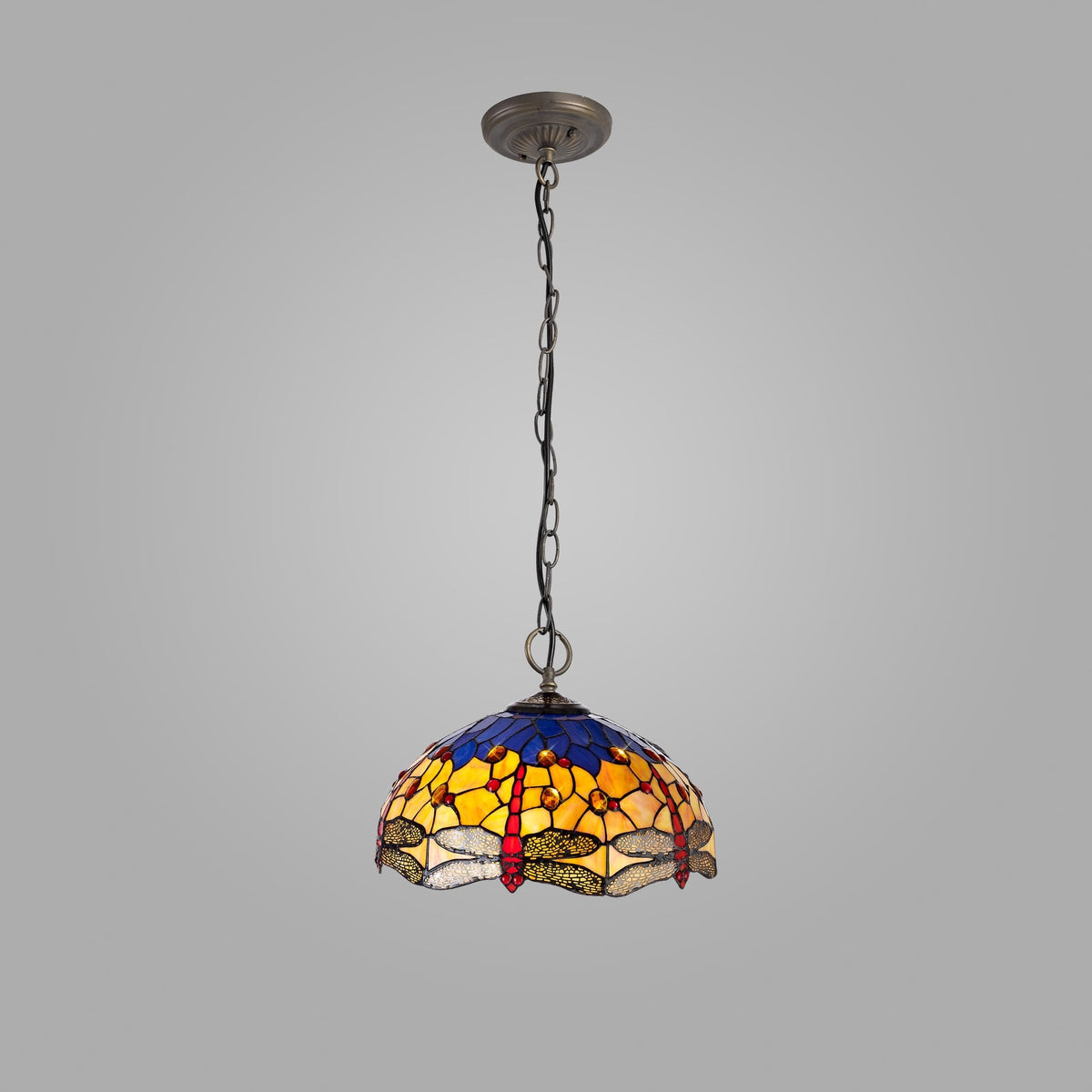 Loddiswell 3 Light Downlighter Pendant in Aged Antique Brass With 40cm Tiffany Blue Orange and Crystal Shade