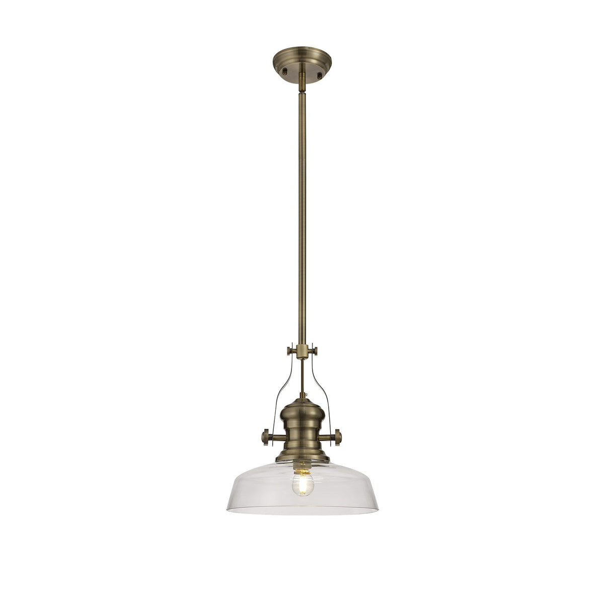Fremington E27 Antique Brass Pendant With Flat Round Clear Glass Shade