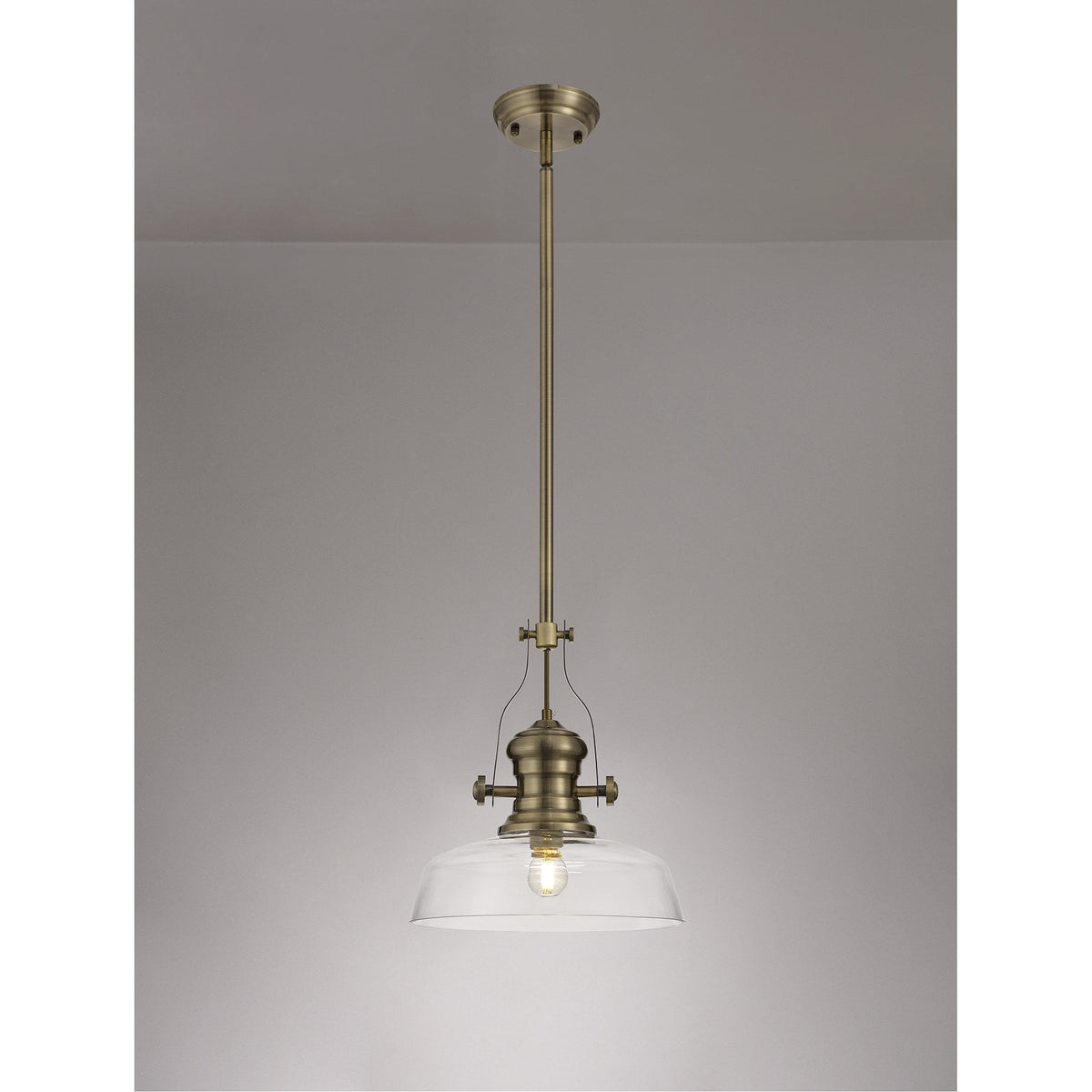 Fremington E27 Antique Brass Pendant With Flat Round Clear Glass Shade