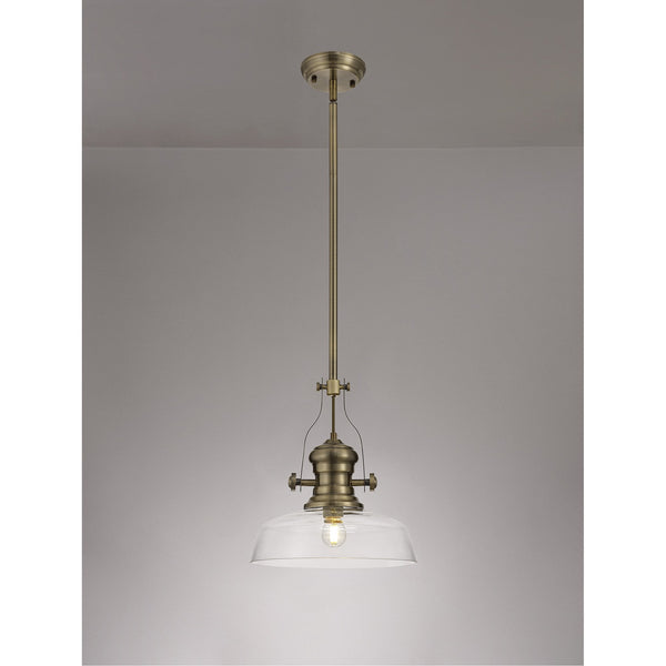 Fremington E27 Antique Brass Pendant With Flat Round Clear Glass Shade