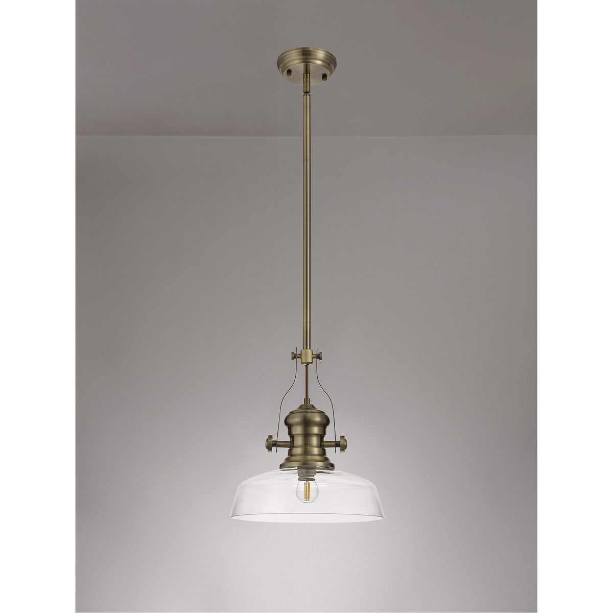 Fremington E27 Antique Brass Pendant With Flat Round Clear Glass Shade