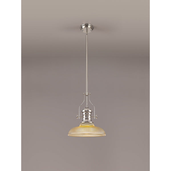 Fremington Polished Nickel Pendant with 300mm Amber Round Glass Shade