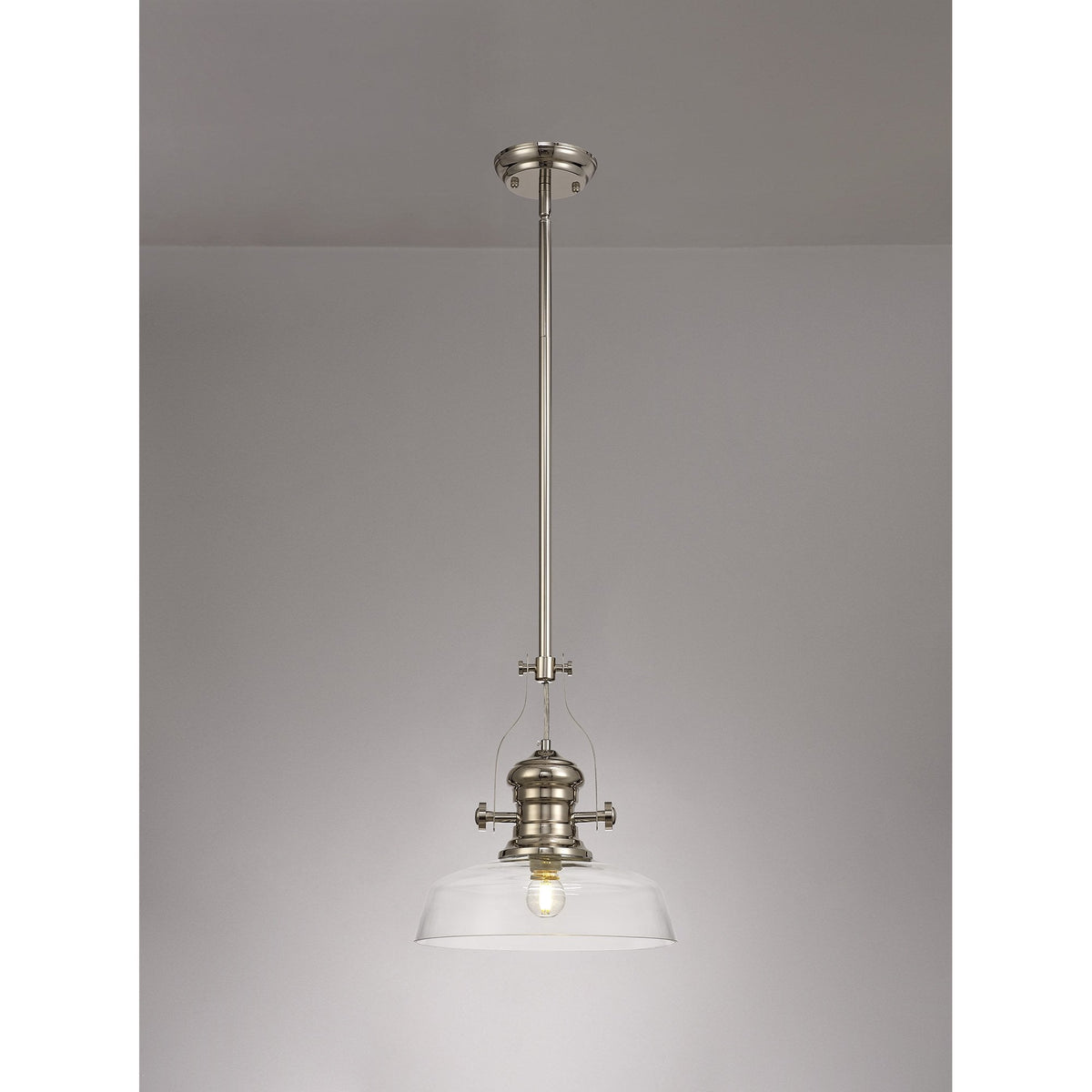Fremington E27 Polished Nickel Pendant With Flat Round Glass Shade
